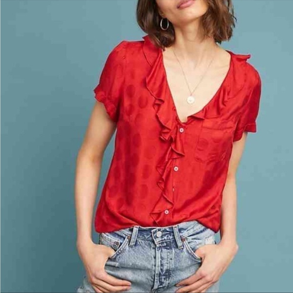Anthropologie Jojo red ruffle button down blouse top